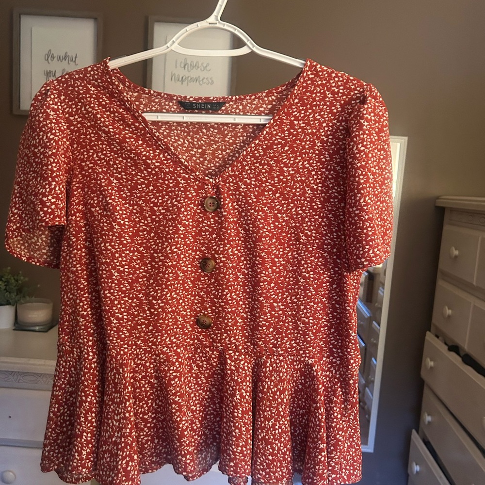 SHEIN Red Floral Button-Down Women's Top